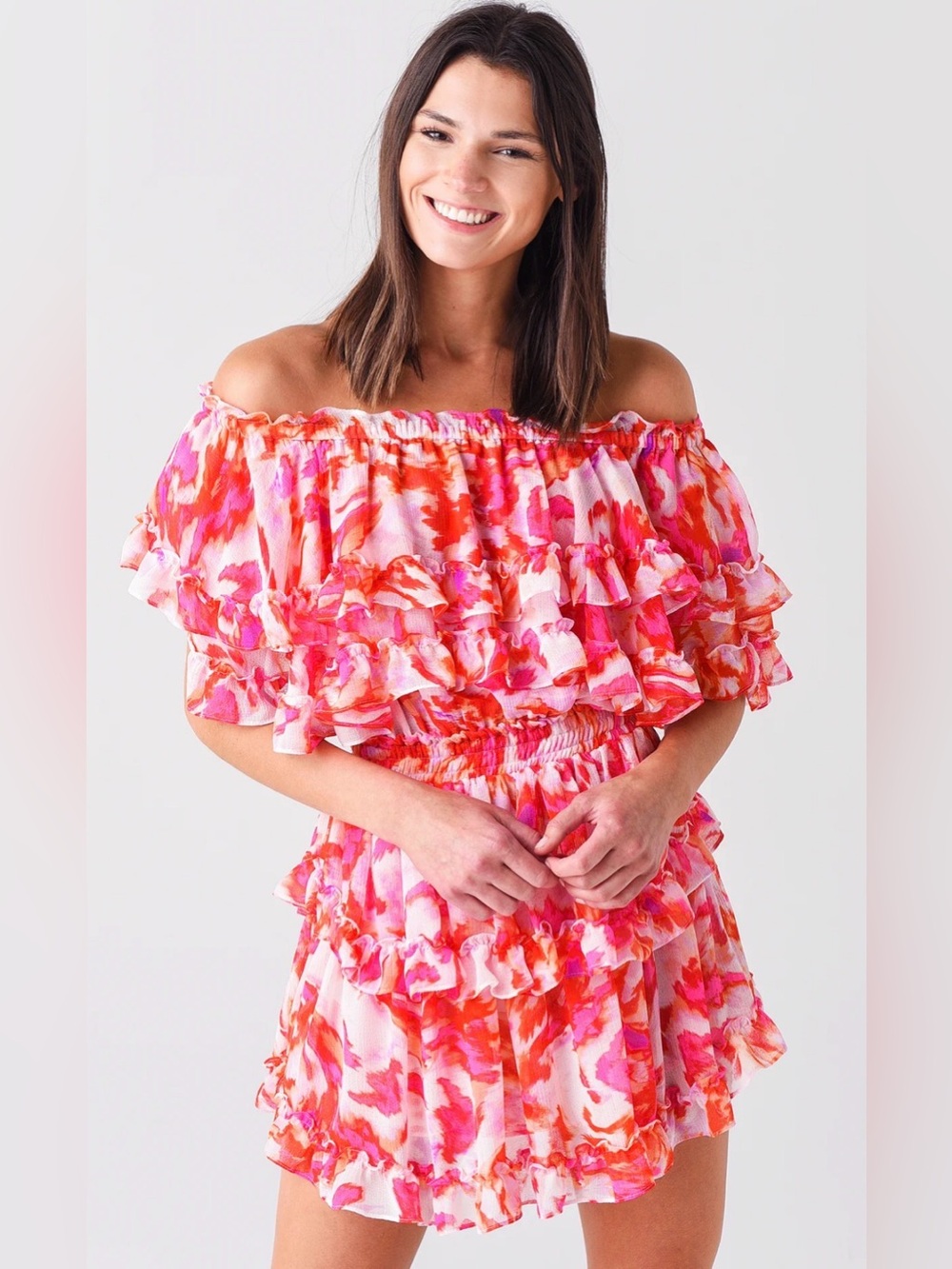 Misa Los Angeles Pink and Orange Floral Off-Shoulder Ruffle Mini Dress